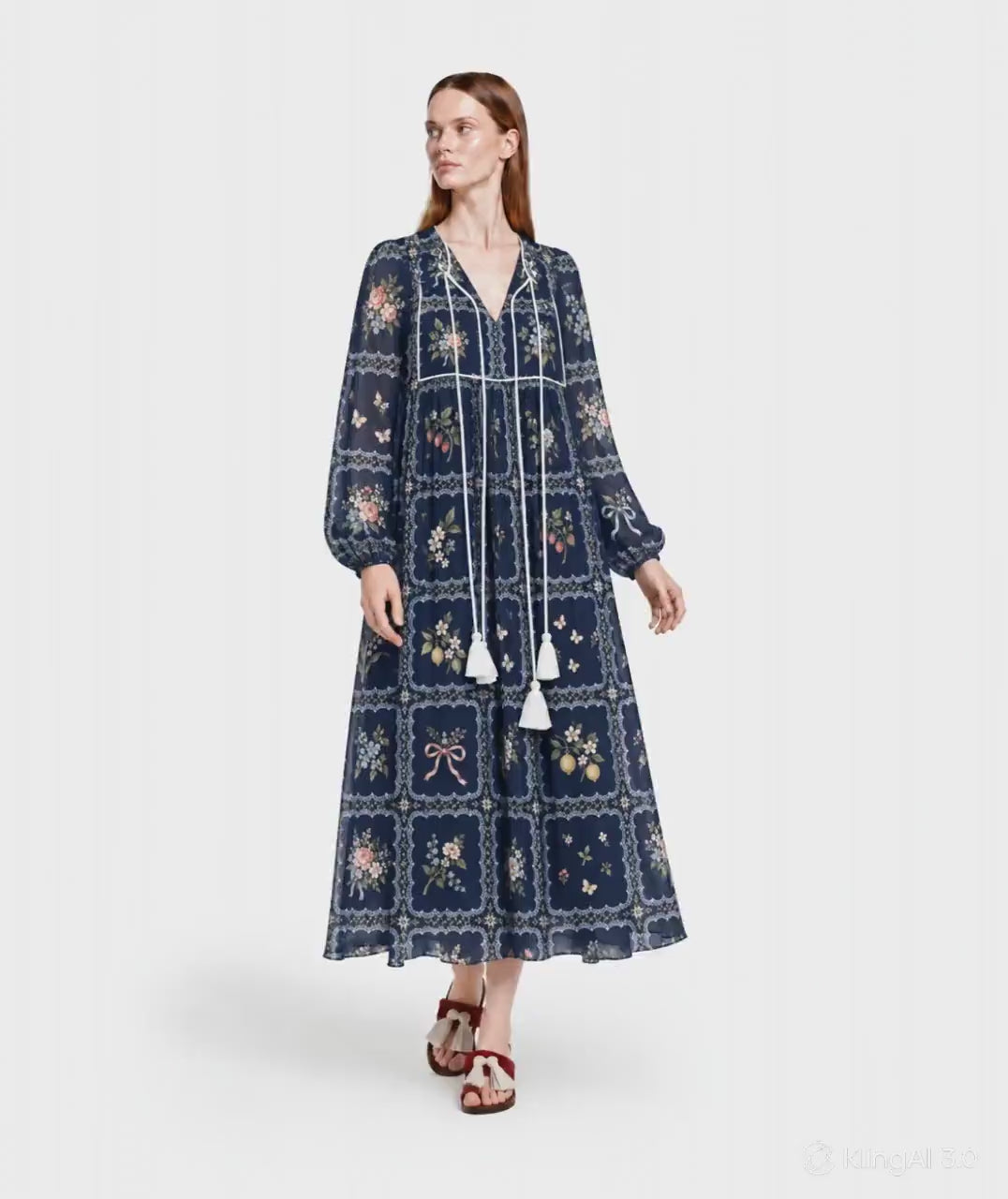 Navy Floral Maxi Dress with Lace-Look Print, Long Sleeves and Tassel Ties