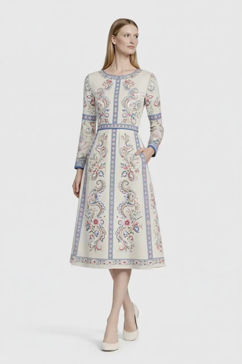 Ivory Floral Midi Dress, Long Sleeve Vintage Inspired Tea Dress