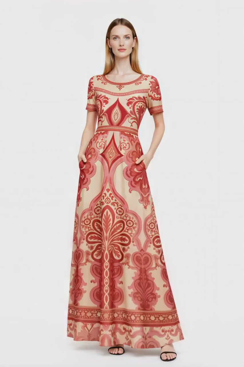 Red Vintage Print A-Line Maxi Dress, Boho Summer Bohemian Style with Pockets