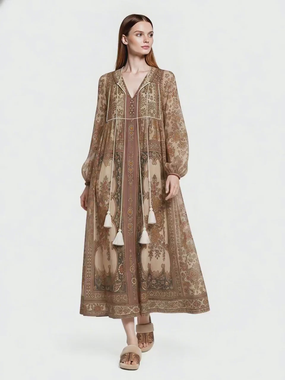Brown Floral Chiffon Maxi Dress