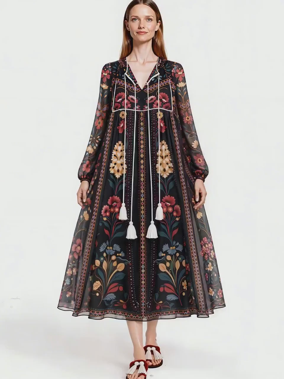 Black Floral Midi Dress, Relaxed A-Line, Tassel Tie, Long Sleeve Vacation Garden Print