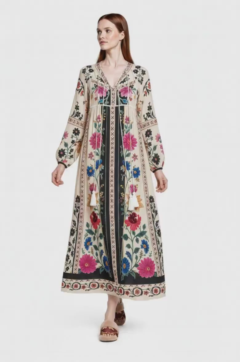 Ivory Floral Maxi Dress with Colorful Border