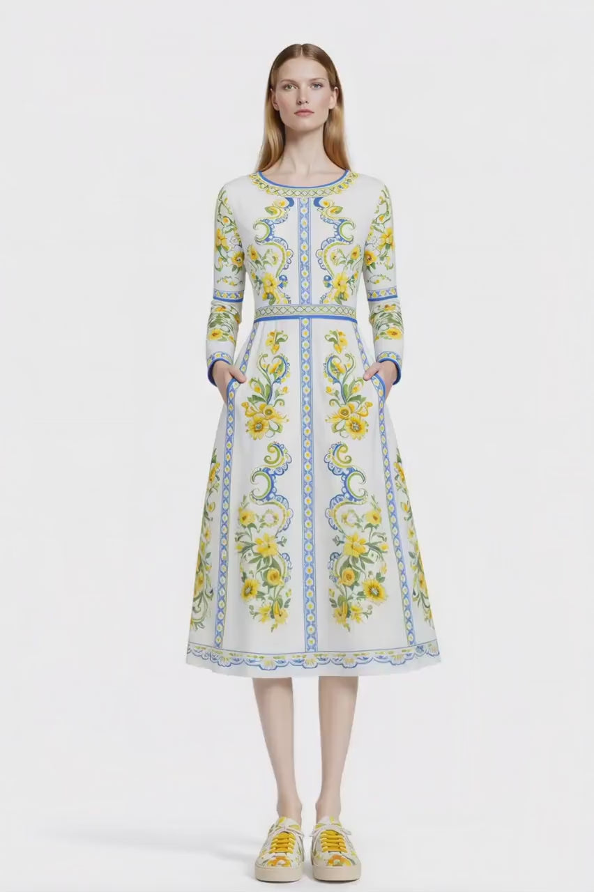 Floral Midi Dress, Long Sleeve, Romantic Folk Print, Boutique Style
