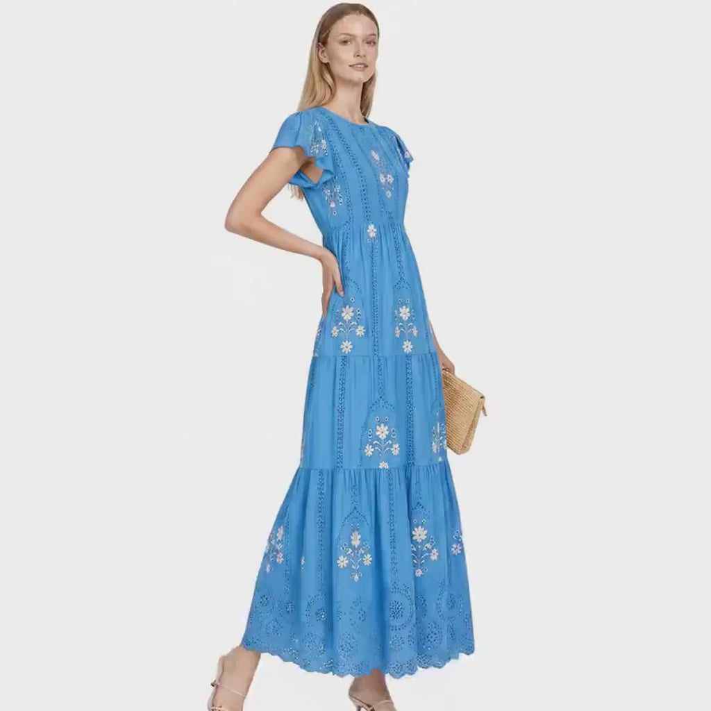 Tiered Maxi Dress, Blue Smocked Bodice with Flutter Sleeves and Eyelet-Print Detail