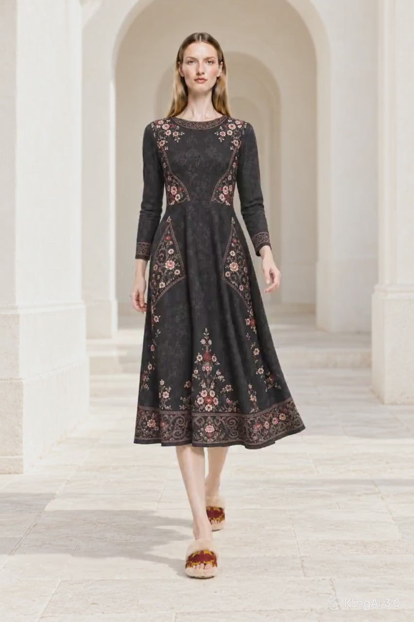 Black Floral Midi Dress with Long Sleeves and Ornate Border Print