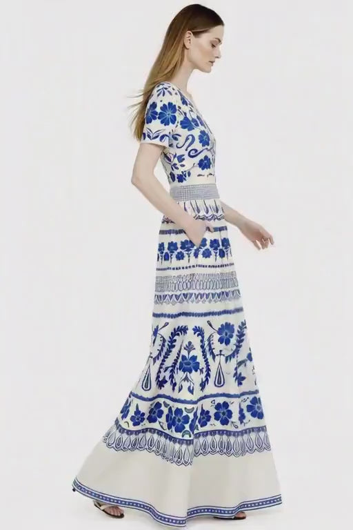 Blue Floral Maxi Dress, Ivory A-Line Summer Dress with Pockets