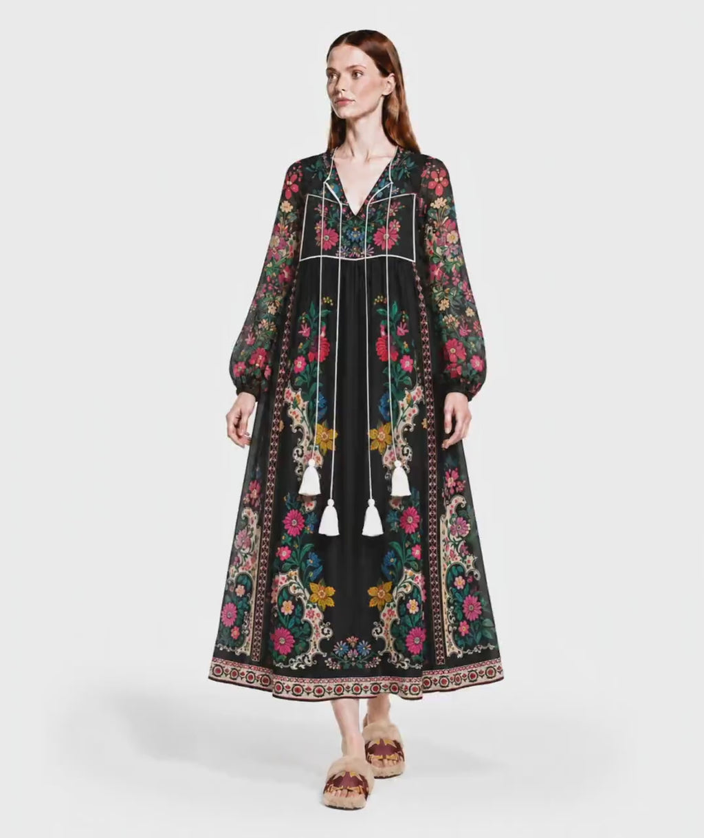 Black Floral Tassel Dress with Contrast Trim