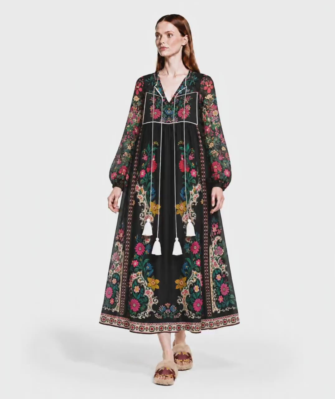 Black Floral Tassel Dress with Contrast Trim