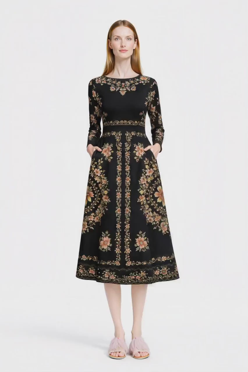 Black Floral Midi Dress, Long Sleeve Folk Print, Vintage Inspired Pockets
