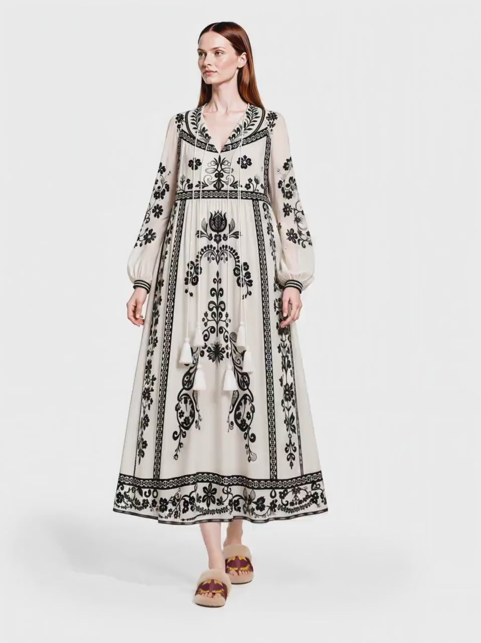 Ivory and Black Floral Border Maxi Dress