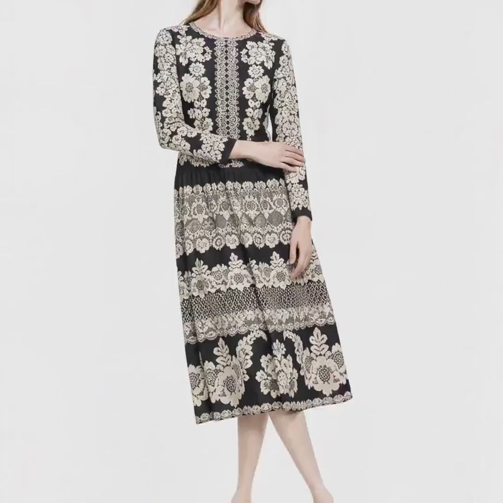 Black and Ivory Lace Print Midi Dress