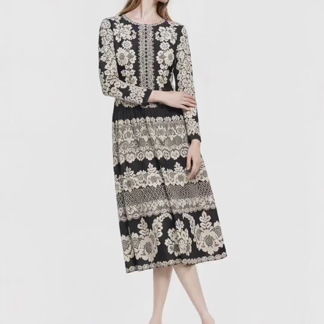 Black and Ivory Lace Print Midi Dress