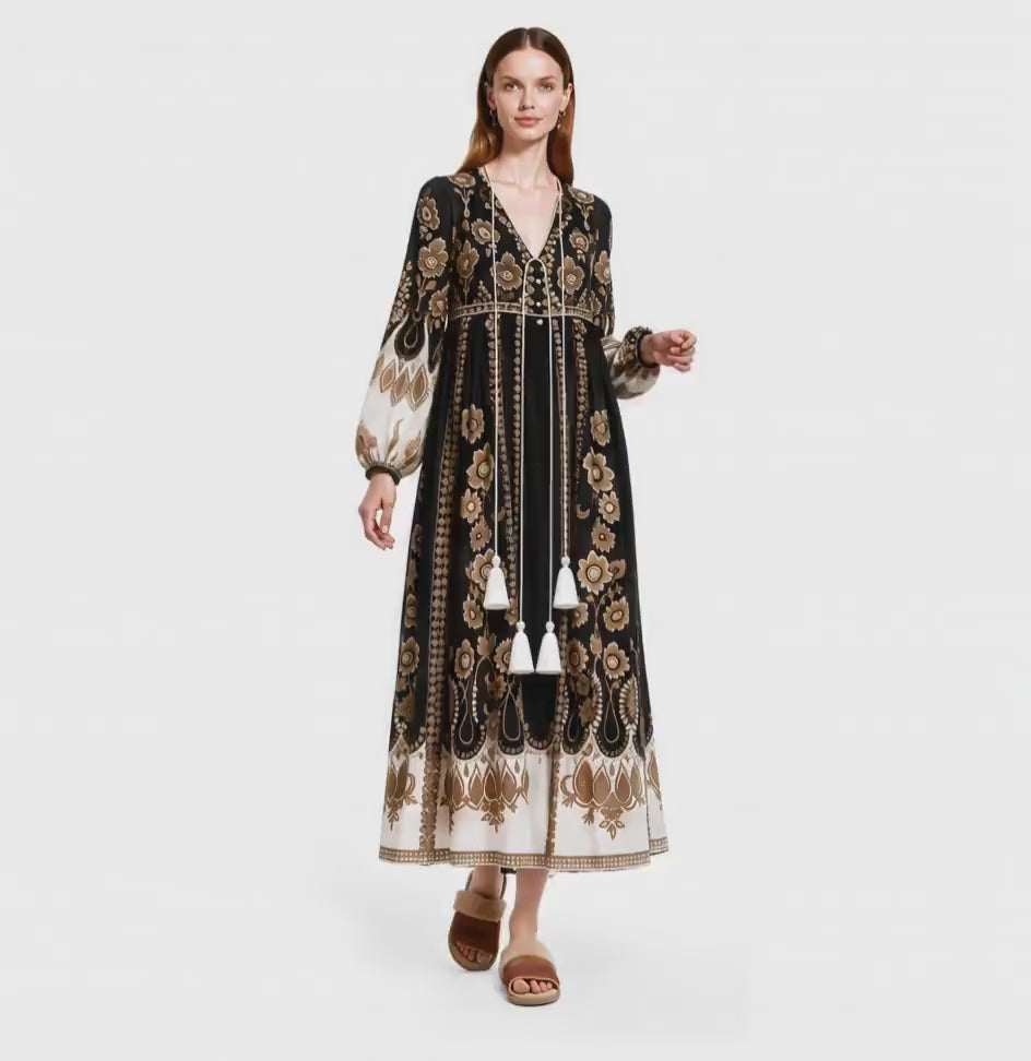 Black Brown Floral Maxi Dress, Sheer Long Sleeve Chiffon, Tassel Tie Resort Wear