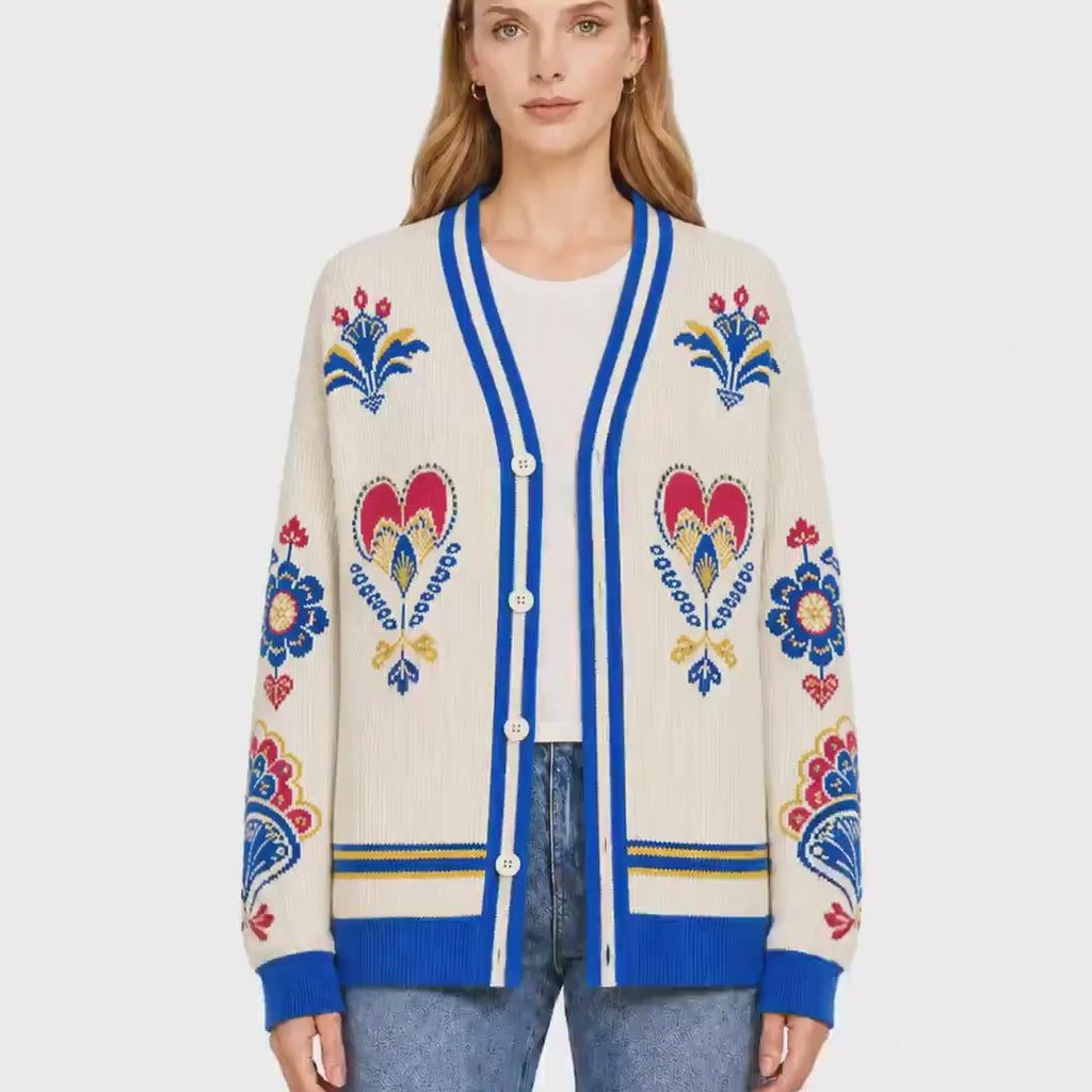 Ivory Floral Cardigan with Blue Trim