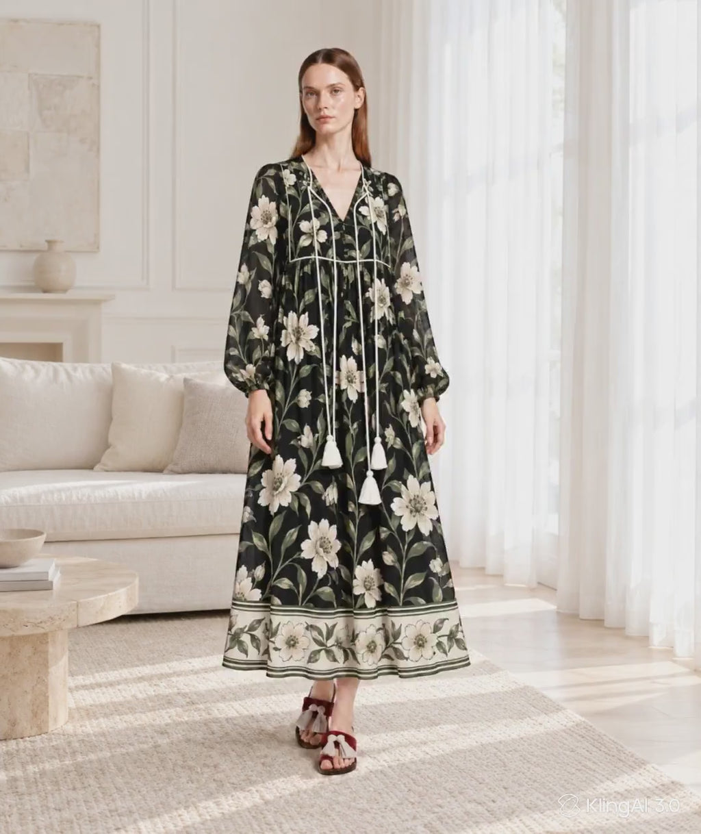 Black Floral Long Sleeve Dress with Ivory Botanical Border Print and V Neck