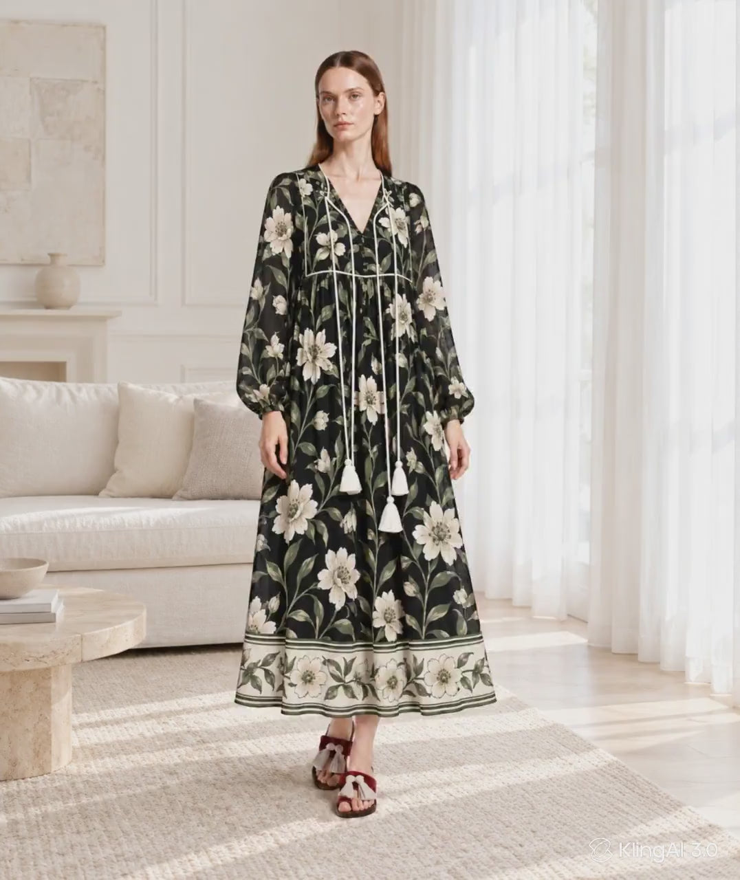 Black Floral Long Sleeve Dress with Ivory Botanical Border Print and V Neck