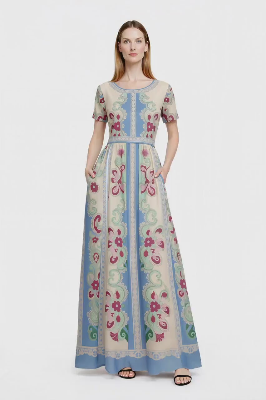 Floral Maxi Dress, Romantic Folk Print, Short Sleeve, Feminine Boutique Style