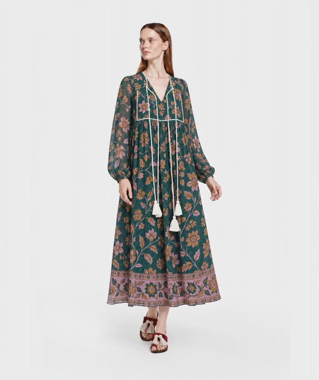 Floral Midi Dress in Dark Teal with Long Sleeves, Tassel Ties and Border Print