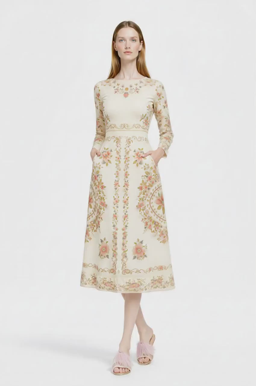 Ivory Floral Midi Dress, Long Sleeve, Vintage Inspired, Pockets