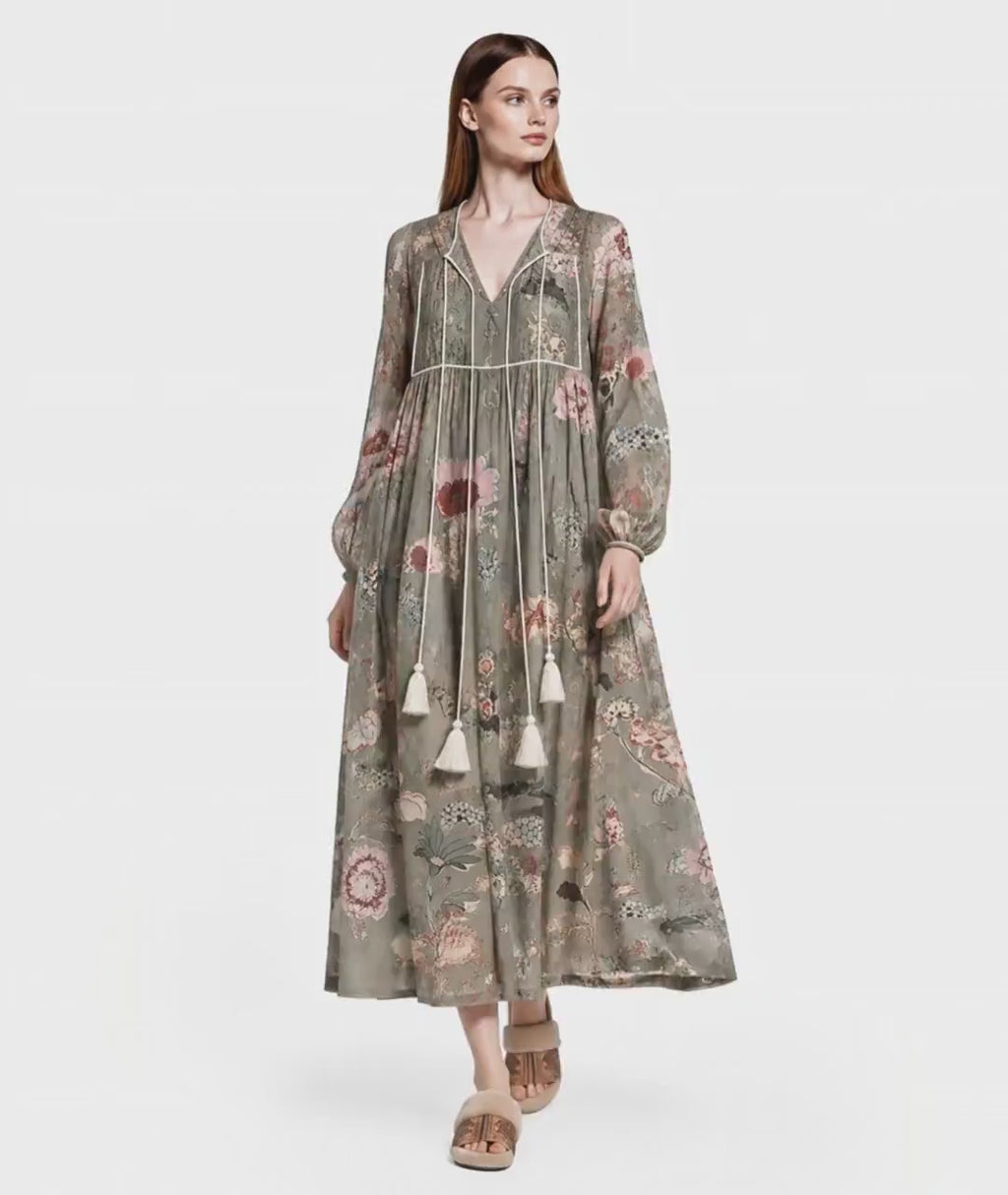 Sage Green Floral Bishop Sleeve Maxi Dress