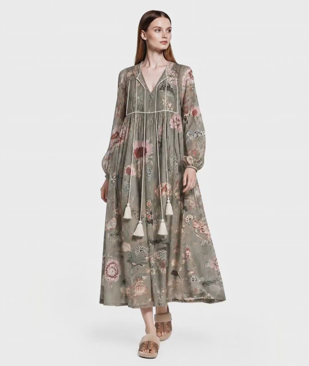 Sage Green Floral Bishop Sleeve Maxi Dress