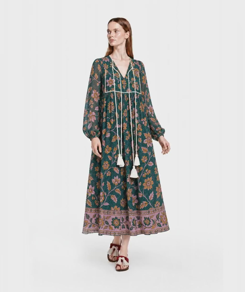 Floral Midi Dress in Dark Teal with Long Sleeves, Tassel Ties and Border Print