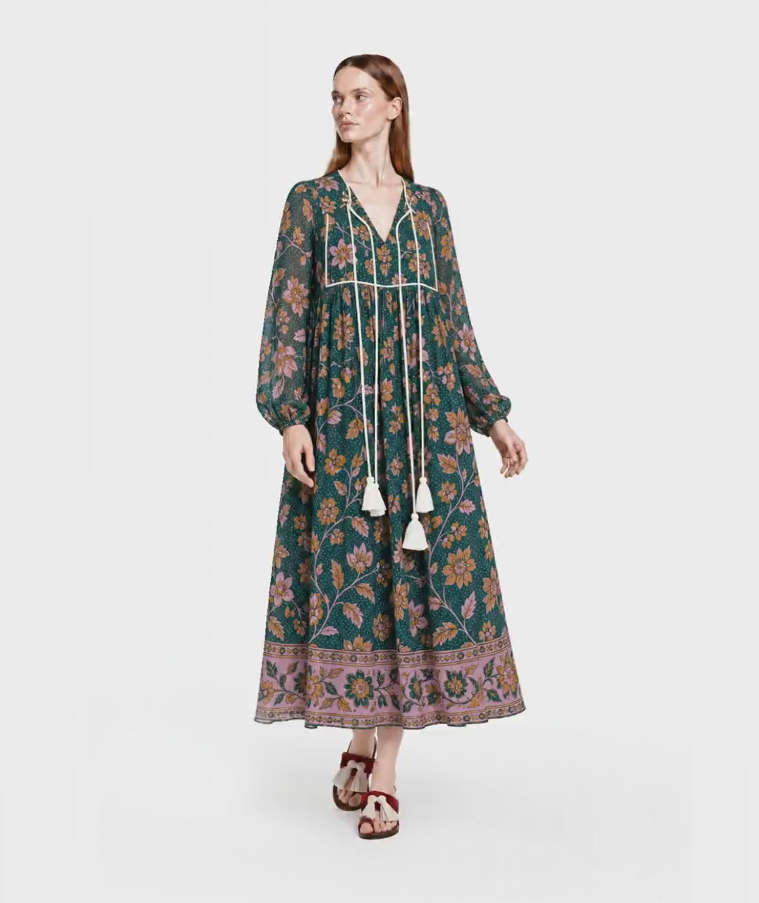 Floral Midi Dress in Dark Teal with Long Sleeves, Tassel Ties and Border Print