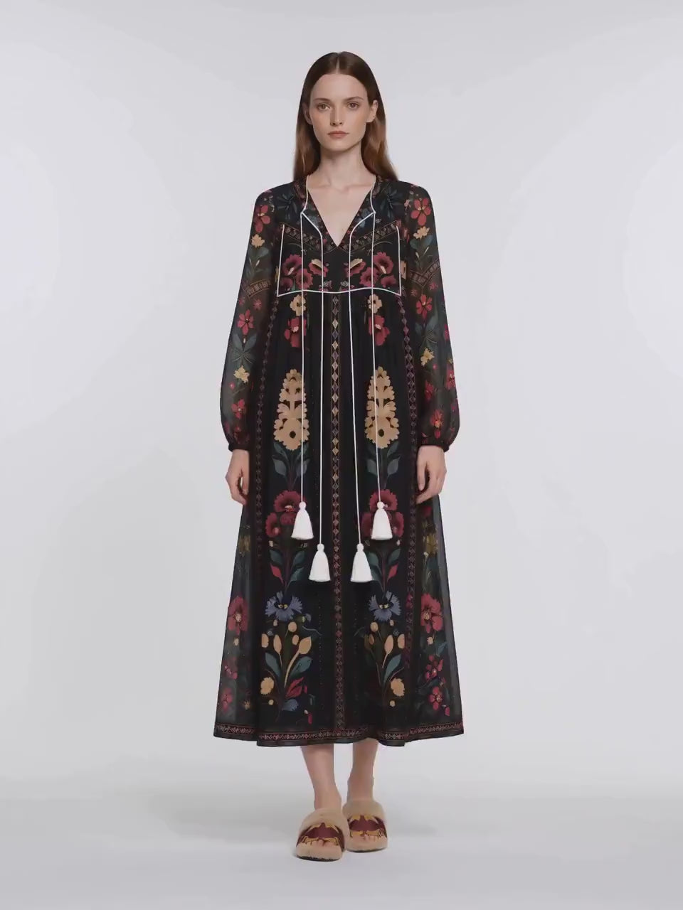 Black Floral Midi Dress, Relaxed A-Line, Tassel Tie, Long Sleeve Vacation Garden Print