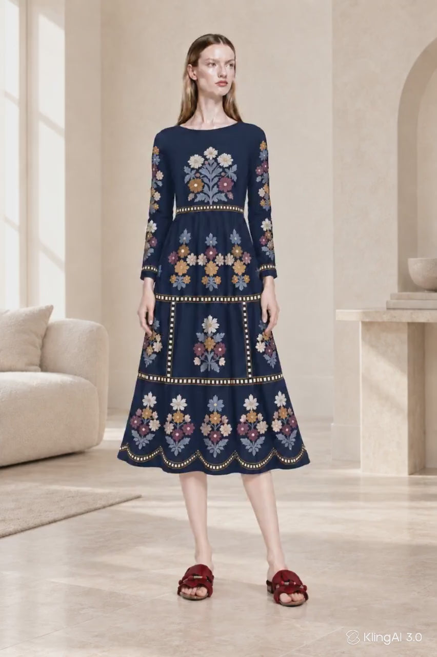 Navy Floral Midi Dress with Embroidery-Look Print, Long Sleeves and Scalloped Hem
