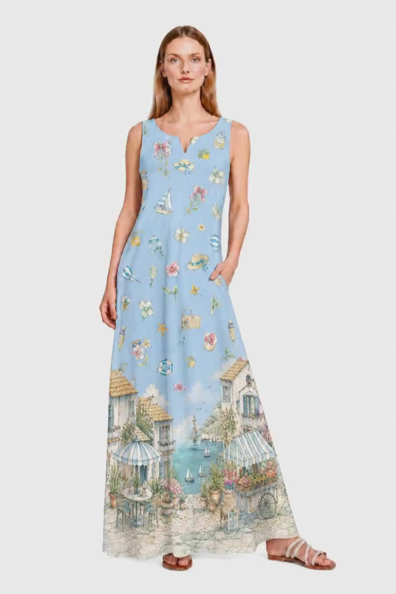 Maxi Dress Pockets, Blue Coastal A-Line Mediterranean Village Print