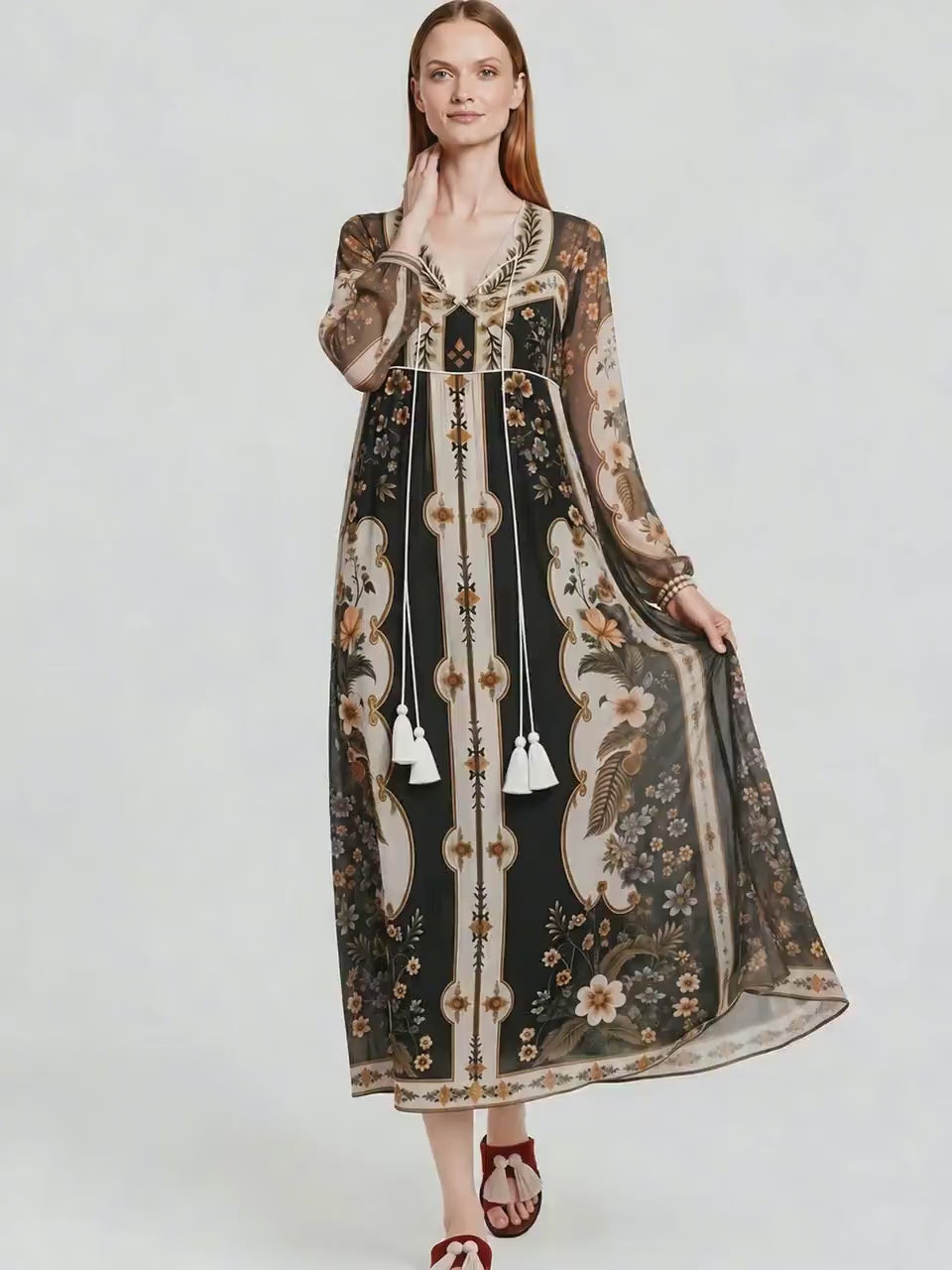 Black Ivory Floral Chiffon Midi Dress, Long Sleeve Tassel Tie Boho Resort A-Line