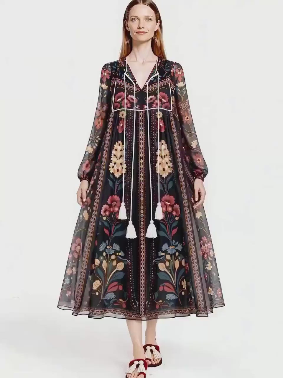 Black Floral Midi Dress, Relaxed A-Line, Tassel Tie, Long Sleeve Vacation Garden Print