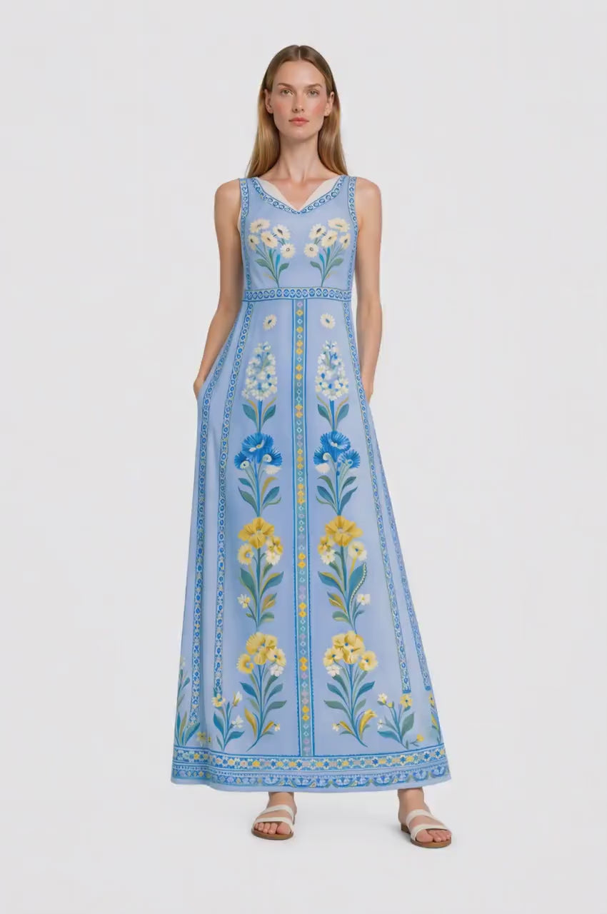 Blue Floral Maxi Dress, Sleeveless Boho Summer Resort Wear