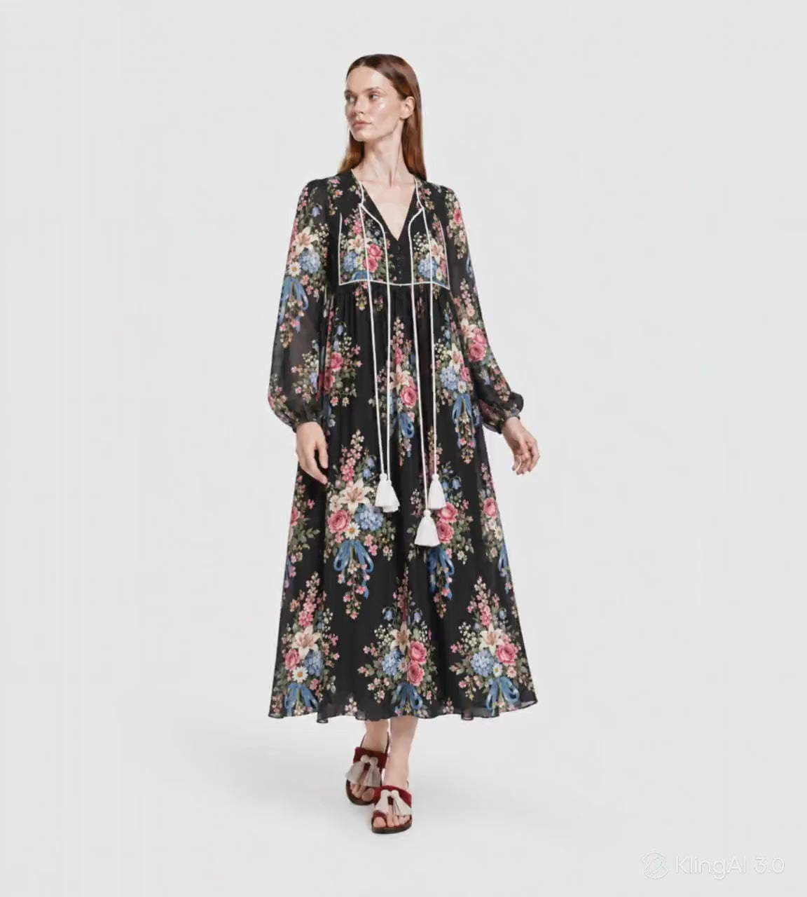 Black Floral Maxi Dress with Long Sleeves, Tassel Ties and Contrast Piping